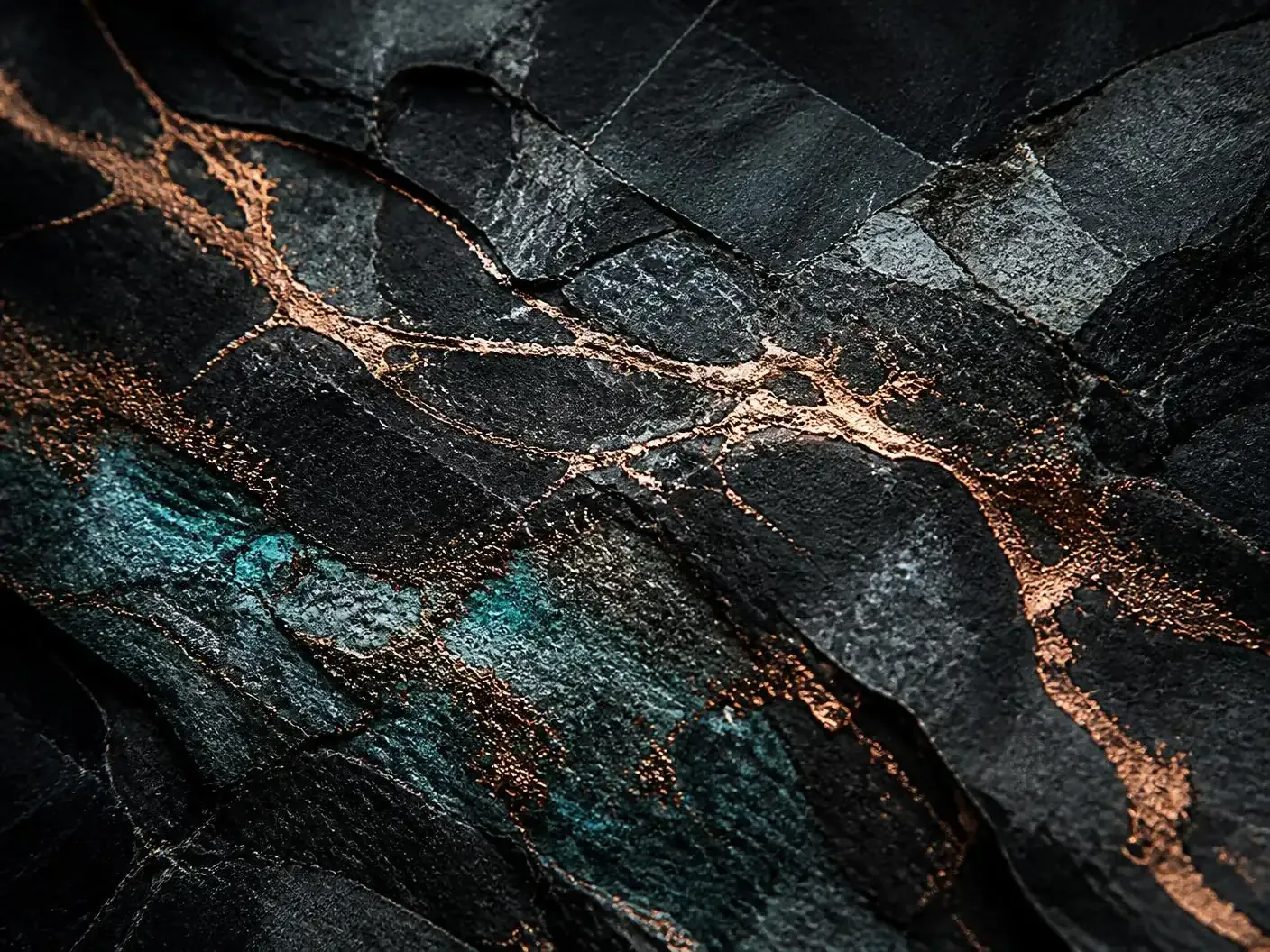 Dark stone crossed by copper mineral veins